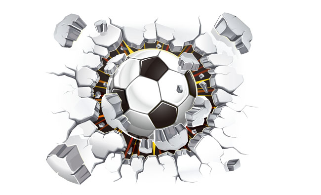 立体感的足球砸破墙穿越出来创意效果设计