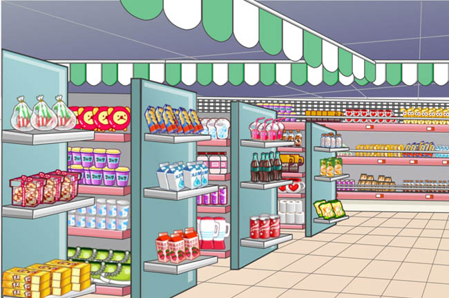 手绘二维漫画货架超市场景设计矢量素材下载