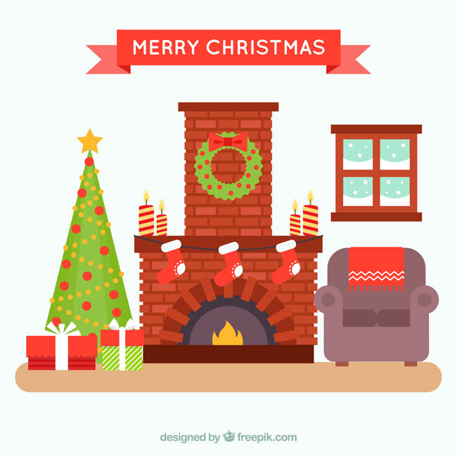扁平化温馨的圣诞壁炉圣诞树元素设计素材