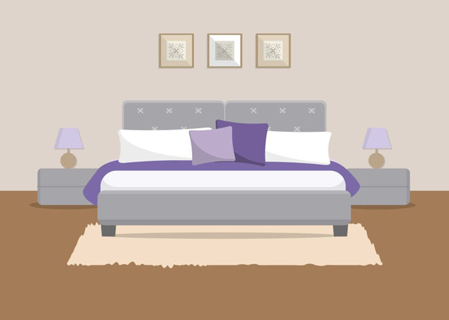 扁平化温馨的卧室床铺场景设计矢量素材