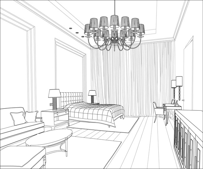 手绘线条风格的卧室场景设计矢量素材