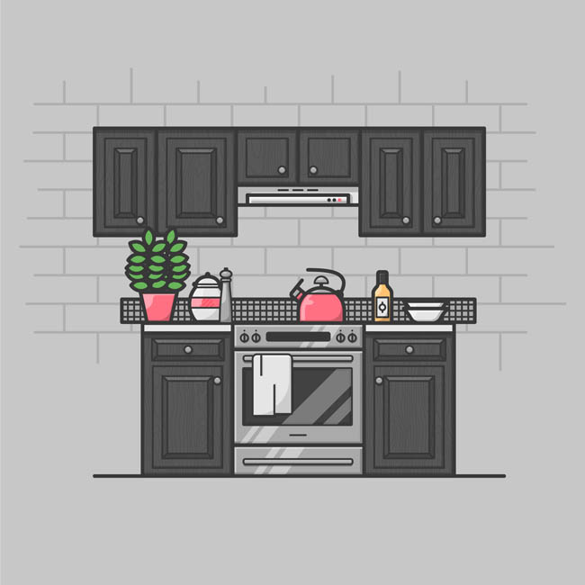 简单扁平化风格的厨房橱柜造型设计矢量素材