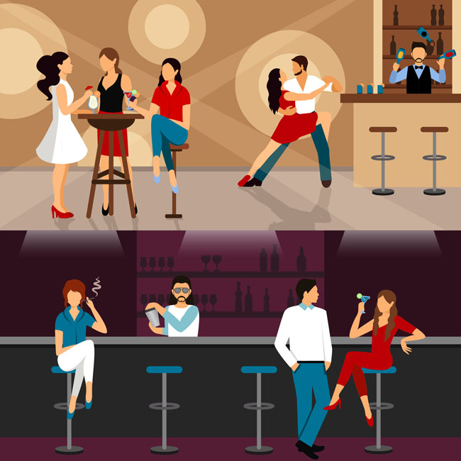在酒吧喝酒聊天的年轻人广告背景设计