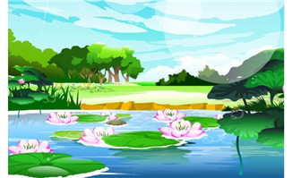 荷花荷塘旁边的青山绿水场景设计flash源文件