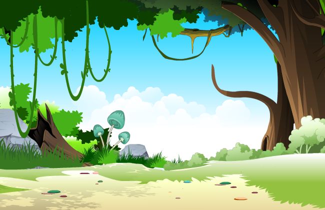 大树树藤手绘远眺视角的动画场景设计素材