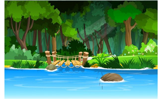 森林旁边湖畔的木桥二维动画场景设计素材