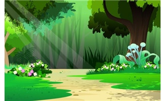 绿色森林深处的小路手绘动画场景设计素材