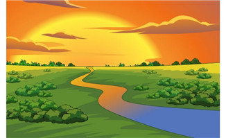 夕阳西下的草原河流场景设计flash源文件