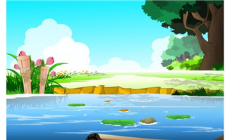 青山绿水河流大树草地二维动画手绘场景设计