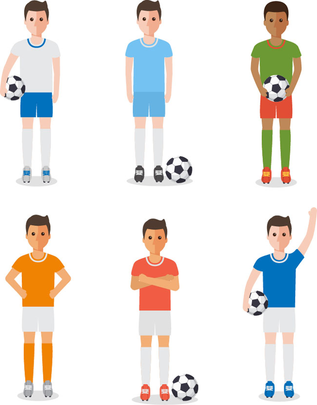 穿着不同球衣的卡通动漫足球运动员形象设计