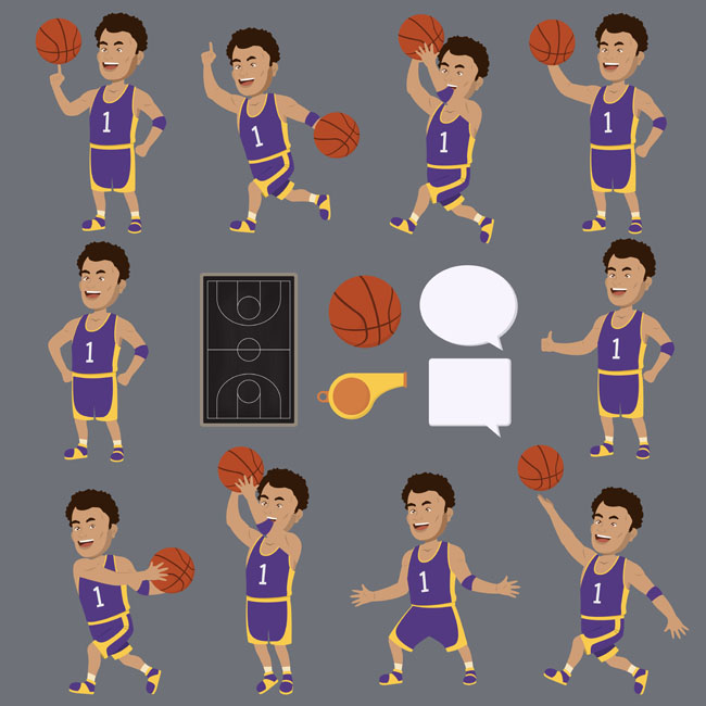 篮球运动员各种打球的动作设计矢量素材