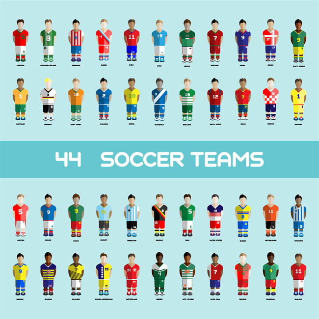 44套不同球衣的足球运动卡通人物造型设计素材