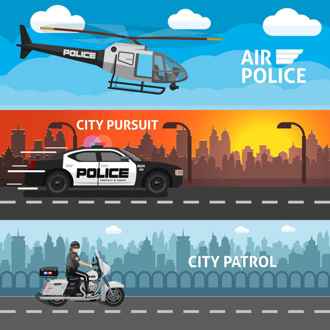 警察巡逻的各种出行交通工具背景设计素材