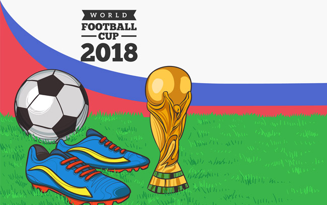 手绘世界杯背景球鞋奖杯足球组合设计素材