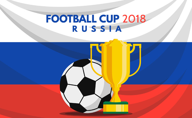 创意俄罗斯国旗背景上足球和奖杯的海报设计