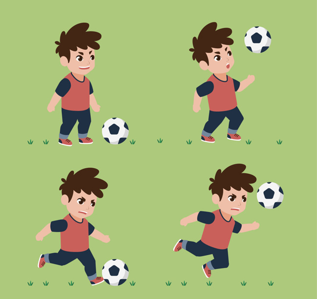卡通漫画儿童正在踢足球的动作设计素材