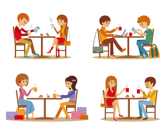 4组在餐厅里面吃饭聊天的年轻人形象设计