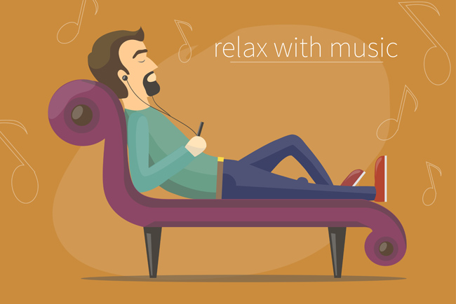 卡通动漫男子在沙发上躺着听音乐享受的表情