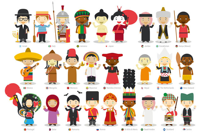 卡通人物穿着各种少数民族服装的人物形象设计