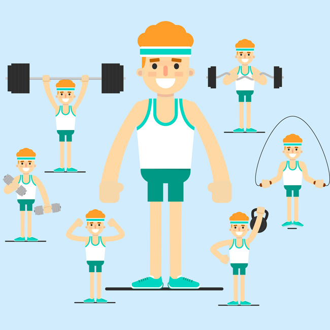 扁平化卡通男孩健身房健身的动作设计素材