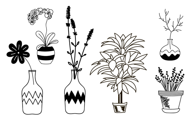 黑白手绘植物下盆景造型设计素材下载