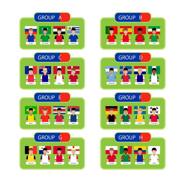 8组世界杯小组赛的球队用卡通头像设计的背景