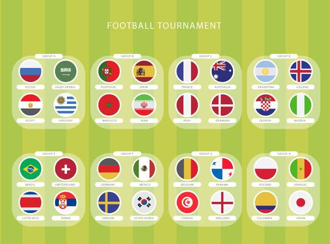 足球小组赛透明图标与国旗组合的设计素材