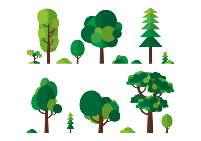 简单化扁平风格的绿色植物大树造型设计素材