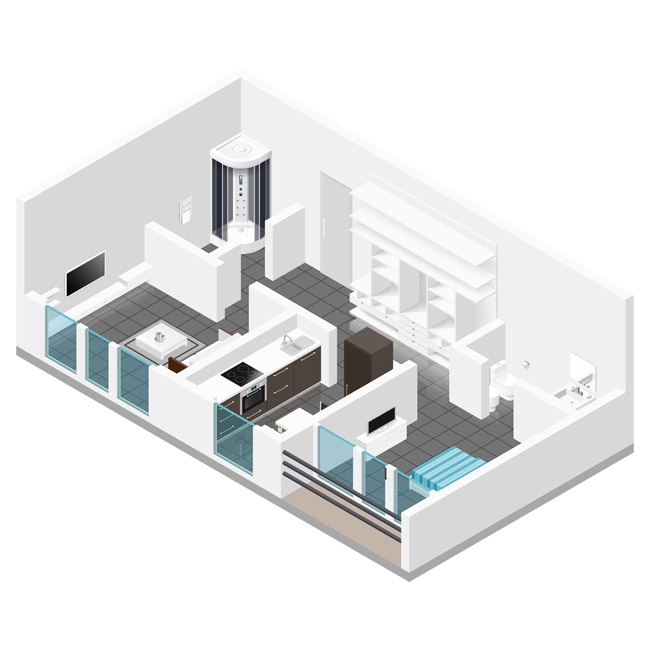 立体模型白色调的厨房客厅装修设计矢量素材