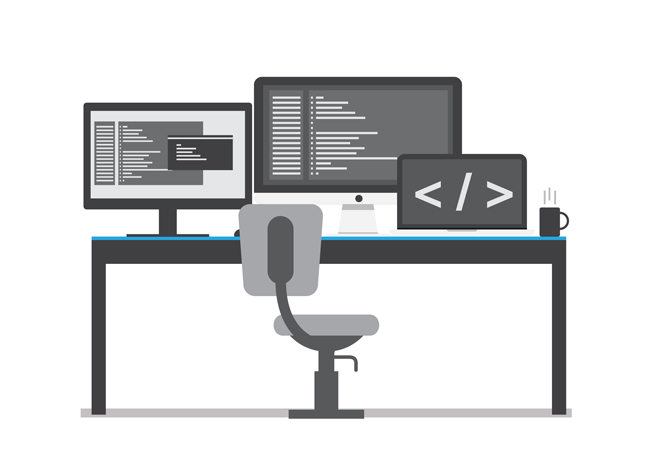 程序员的电脑正在编程写代码的电脑桌场景设计