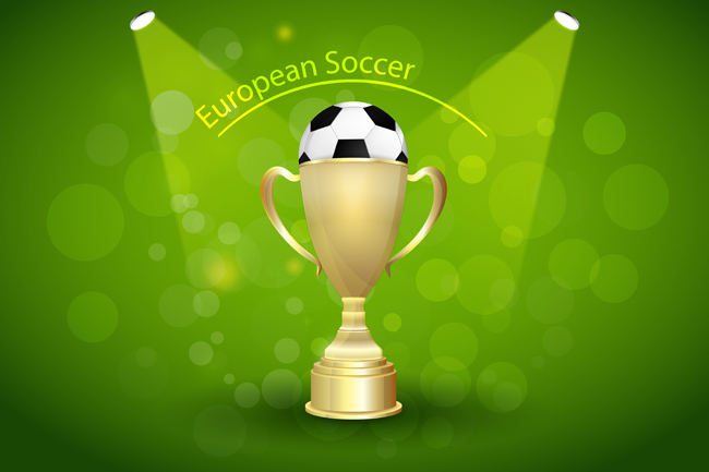 绿色足球主题背景奖杯与足球组合的设计