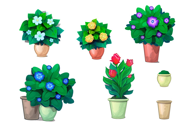 手绘绿色花卉植物盆景造型设计素材