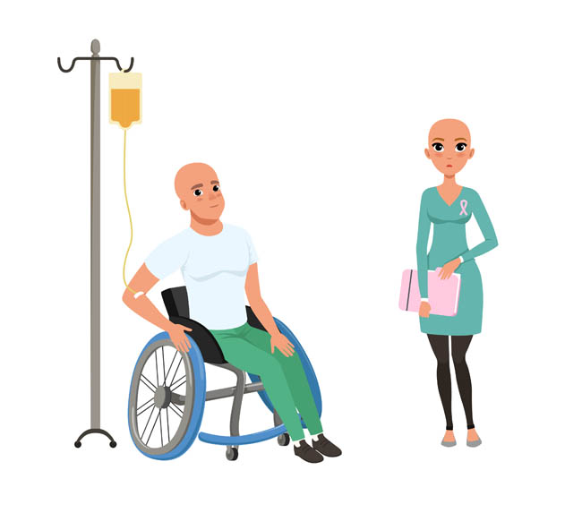 坐轮椅输液的病人漫画场景设计