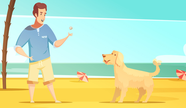 男子与自己爱犬在沙滩上玩耍