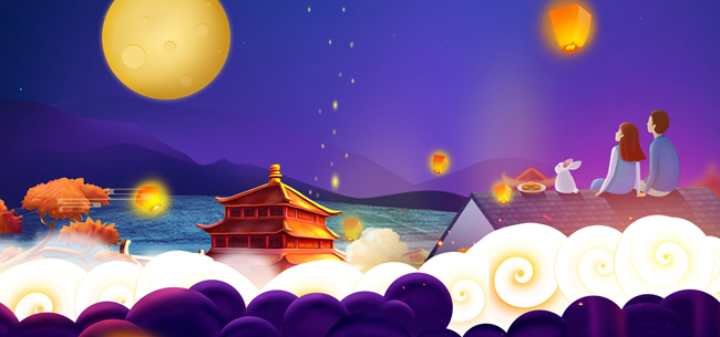 中秋节背景赏月卡通手绘漫画海报素材