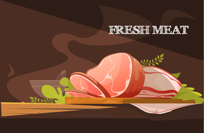 海报菜板上被切的肉食背景设计矢量素材