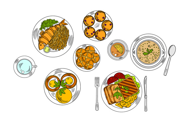 手绘中餐海鲜美食背景设计素材 餐盘里的食物图片 美食盘子 菜品造型设计矢量素材下载