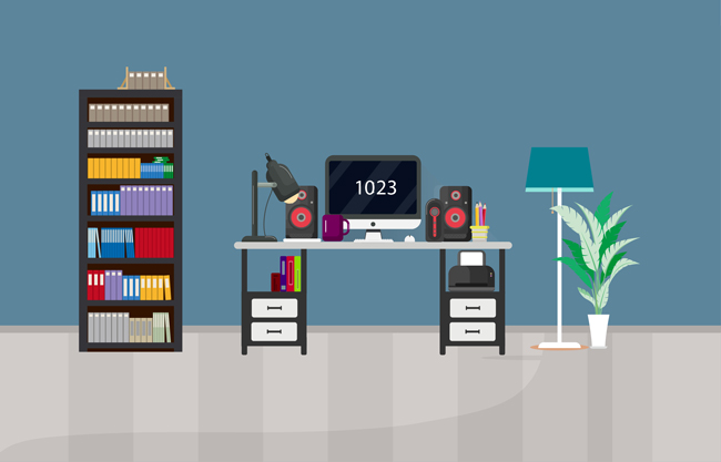 书柜电脑桌扁平化商务办公场景设计素材