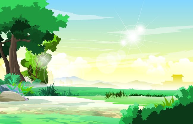 晴空满照的野外山村场景设计矢量素材