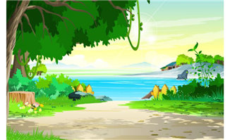 湖畔小路大树野草丛生动画背景设计素材