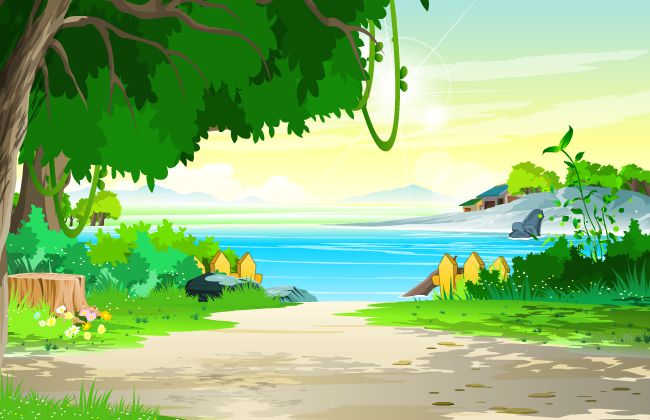 湖畔小路大树野草丛生动画背景设计素材
