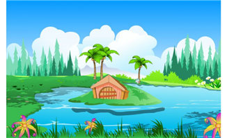 被小湖水包围的小岛上房屋建筑场景设计