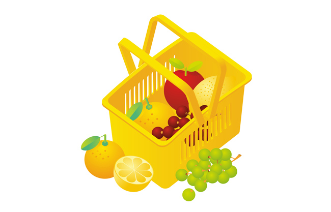 黄色购物筐里面的水果美食背景设计
