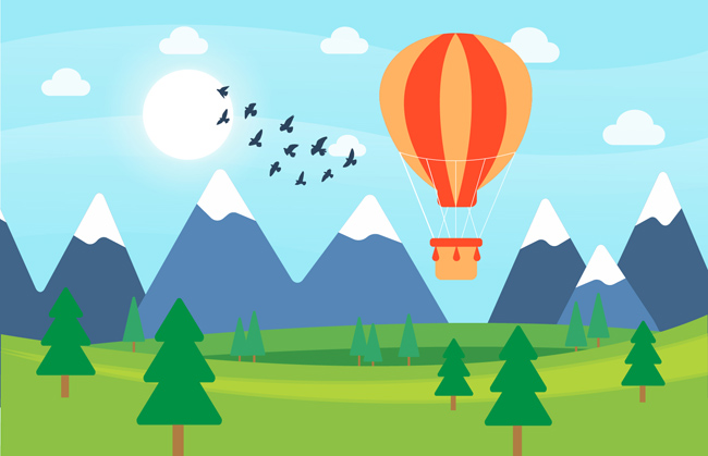 穿越在山间绿地的热气球背景设计素材