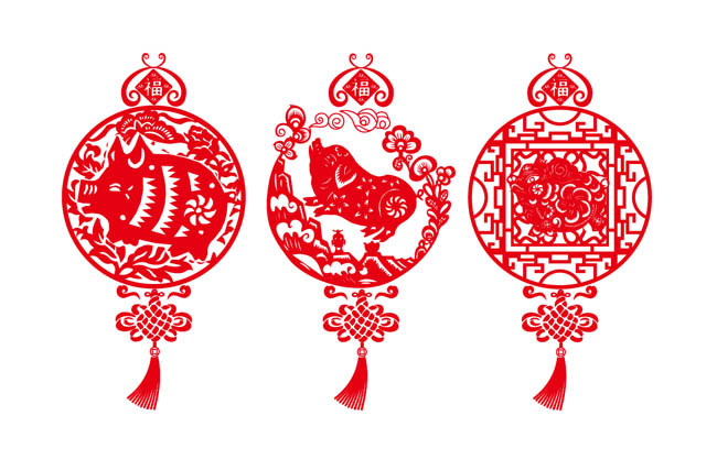红色剪纸猪年大吉图案设计矢量素材
