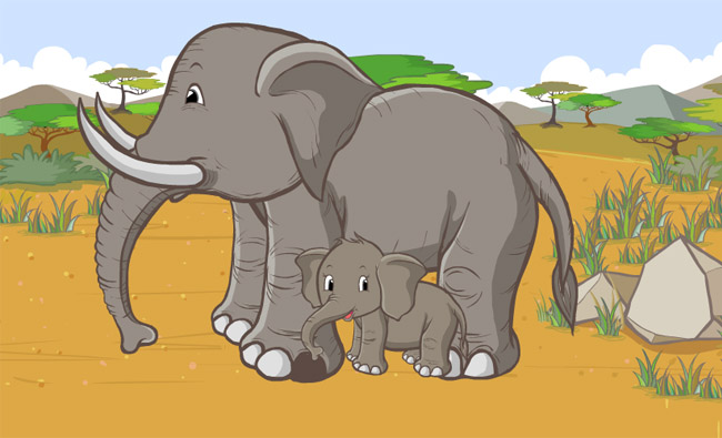母象与小象在一起的动漫卡通场景设计