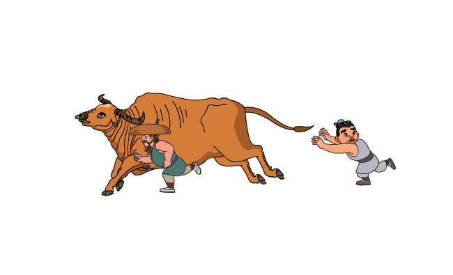 2个人物追着牛跑的动作动画效果