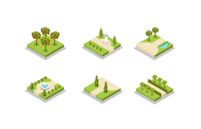 卡通清新2.5D树木土地绿化元素设计