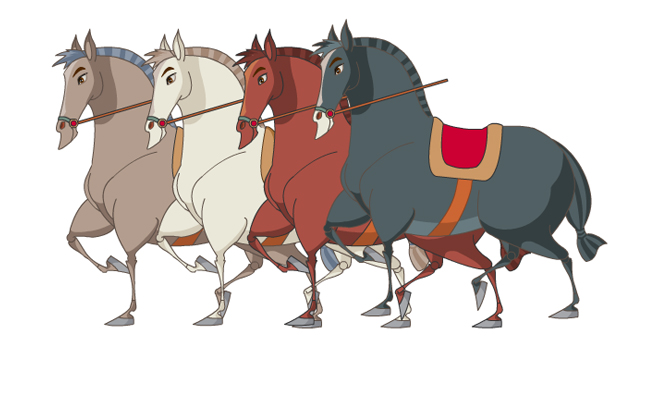 一起出发的不同颜色的马匹手绘图设计