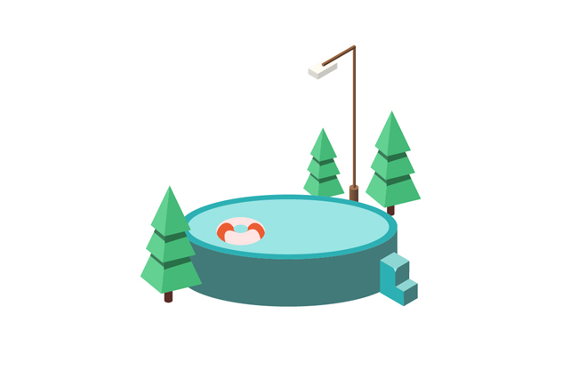 夏季卡通小清新树木泳池2.5D水彩设计